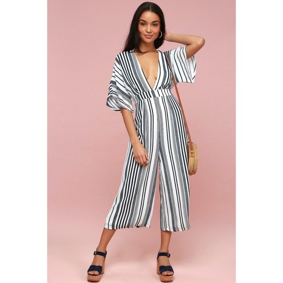 Lulus Pants - NWT Womens Size Large Lulu's Hook, Line, and Sinker Navy Blue Striped Jumpsuit